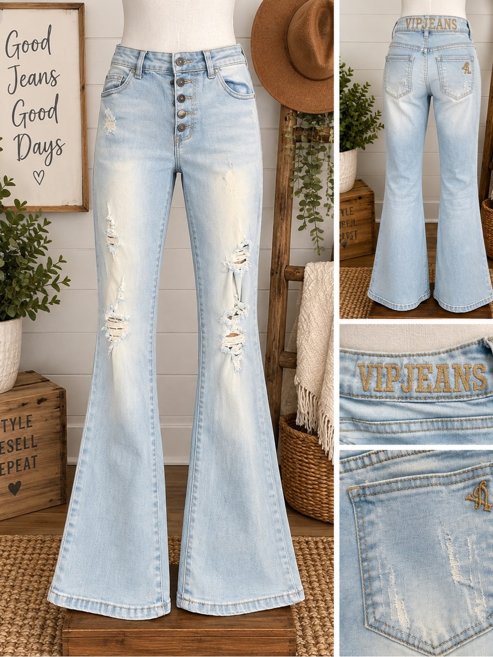 VIP Light Blue Distressed High-Rise Flare Jeans